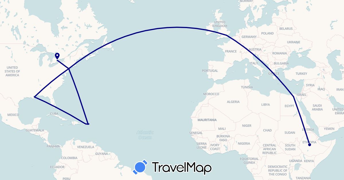 TravelMap itinerary: driving in Canada, Egypt, Ethiopia, United Kingdom, United States, British Virgin Islands, U.S. Virgin Islands (Africa, Europe, North America)