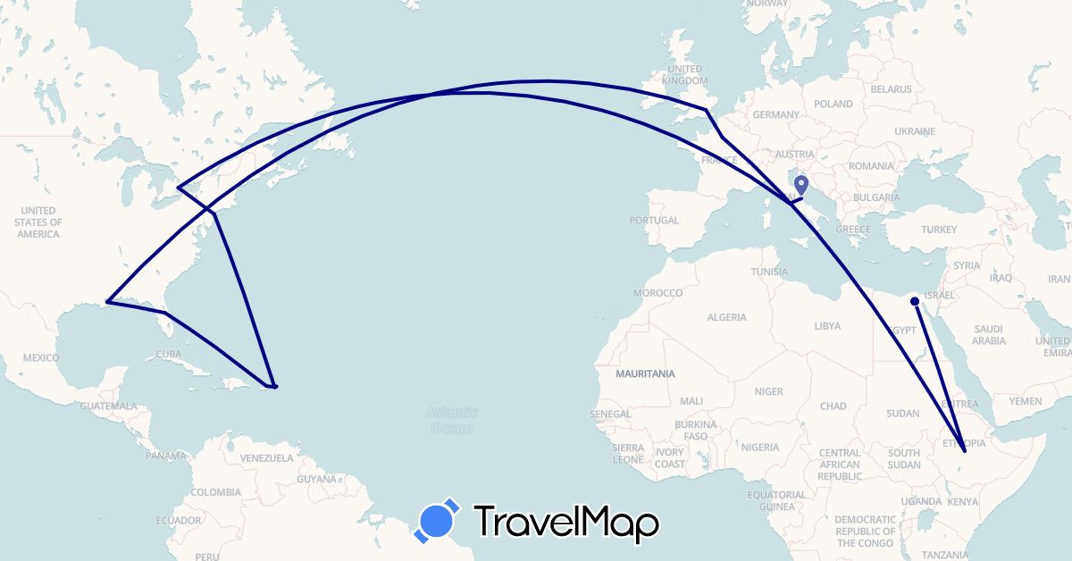 TravelMap itinerary: driving in Canada, Egypt, Ethiopia, France, United Kingdom, Italy, United States, British Virgin Islands, U.S. Virgin Islands (Africa, Europe, North America)